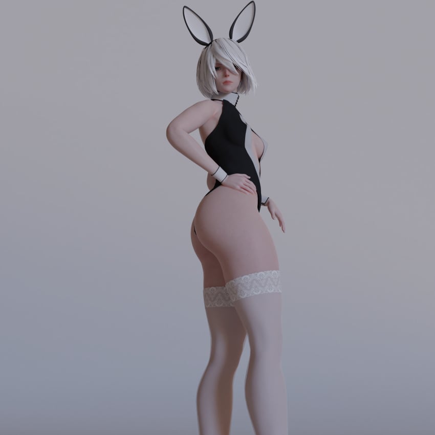 3d ass big_ass big_butt blue_eyes bunny_ears bunny_girl bunnysuit fatterrocker large_ass legs nier:_automata self_upload stockings tagme white_hair white_skin yorha_2b