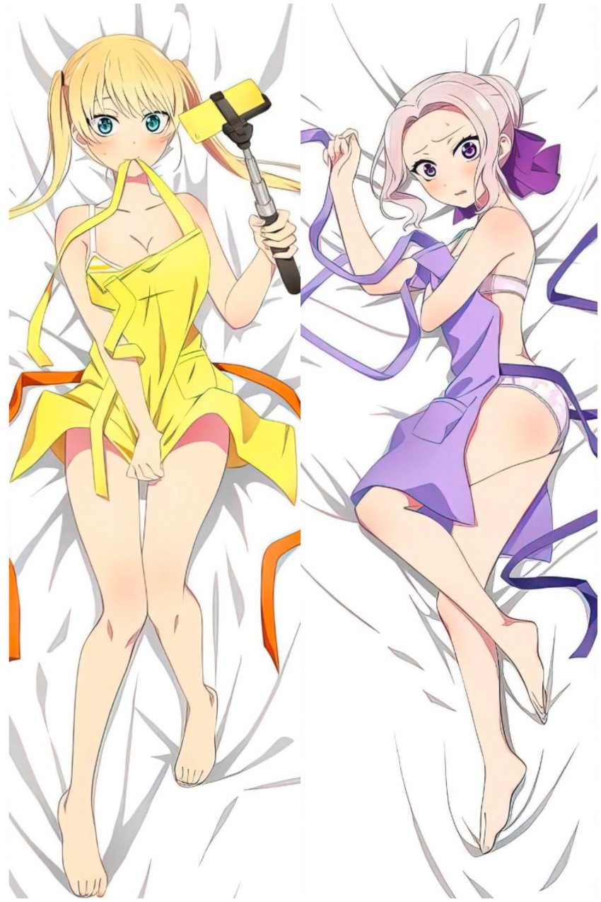 2girls apron dakimakura dakimakura_design hoshizaki_rika kanojo_mo_kanojo kiryuu_shino multiple_girls purple_ribbon selfie_stick