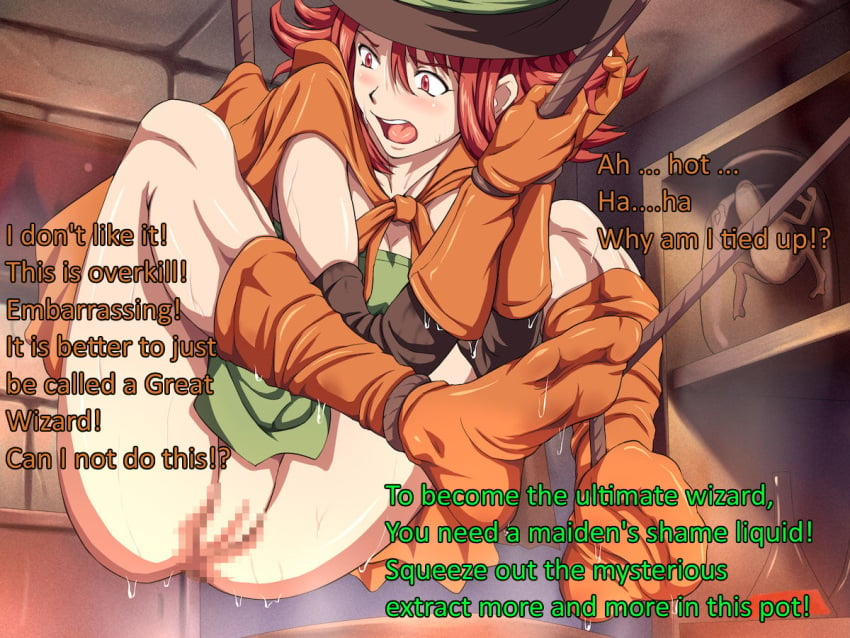 ai_translated arms_bound bad_translation blush bondage cape censored clothing dragon_quest dragon_quest_iii dress dress_up english_text exposed_pussy flask hard_translated hat legs_bound mage_(dq3) maku_(l-u) makura_no_doushi pussy rape red_eyes red_hair rope_bondage sweat sweaty sweaty_ass text translated witch_hat