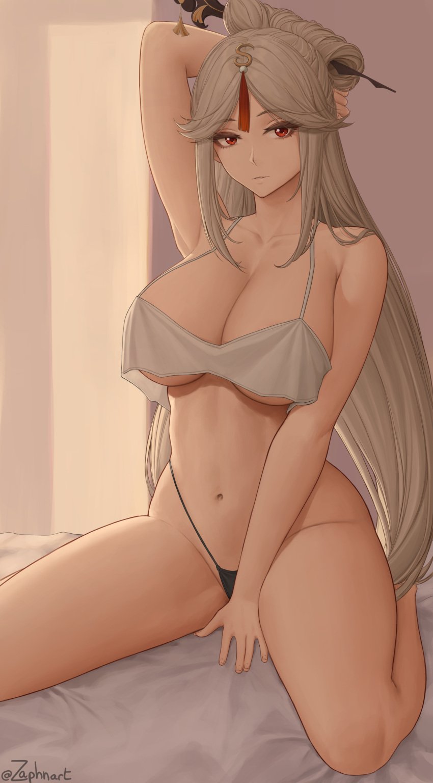 1girls 2021 artist_signature belly_button black_panties breasts crop_top female female_focus female_only genshin_impact hair_stick hi_res hips huge_breasts indoors kneeling kneeling_on_bed long_hair looking_at_viewer ningguang_(genshin_impact) panties red_eyes sleepwear slim_waist smile suggestive_look tank_top thick_thighs thighs very_long_hair white_hair wide_hips zaphn