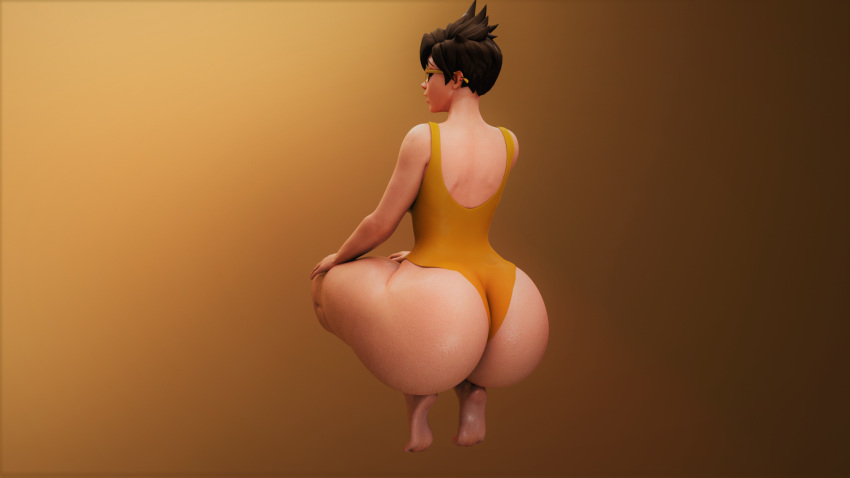 1girls 3d 3d_(artwork) amber_eyes big_ass big_butt blender blizzard_entertainment brown_hair butt glasses glitch02 gold_glasses huge_ass looking_back overwatch partially_clothed rear_view squatting swimsuit thick_ass thick_thighs tracer wedgie