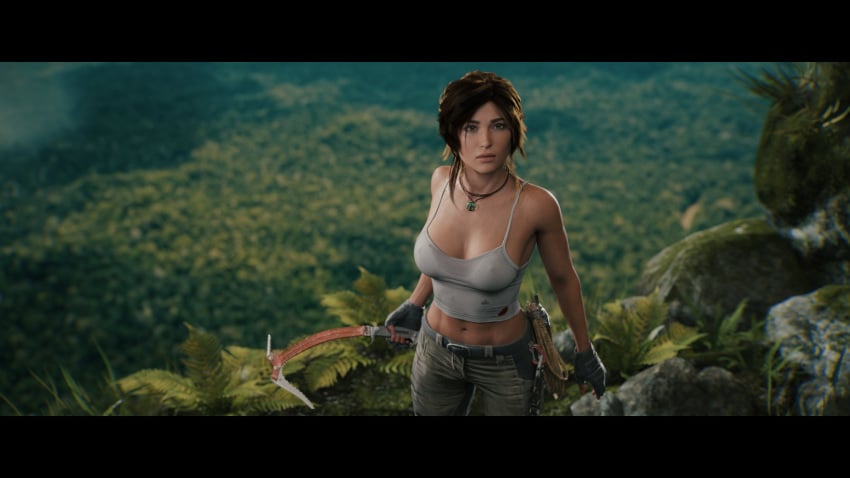 1girls 3d big_breasts blender british brown_eyes brown_hair cleavage clothed embracer_group european female_only horizonrenders lara_croft lara_croft_(survivor) light-skinned_female looking_at_viewer petite ponytail see-through solo sweat tomb_raider tomb_raider_(survivor) toned_female