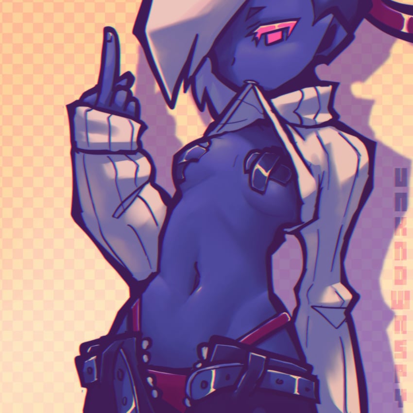 covered_nipples female female_focus female_only lifting_shirt middle_finger roxxe_(unknownspy) small_breasts tagme unknownspy unknownspy_(artist) unzipped_pants