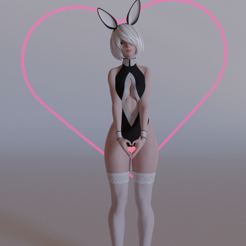 3d big_breasts blue_eyes bunny_ears bunny_girl bunnysuit fatterrocker heart nier:_automata self_upload tagme white_hair white_skin yorha_2b