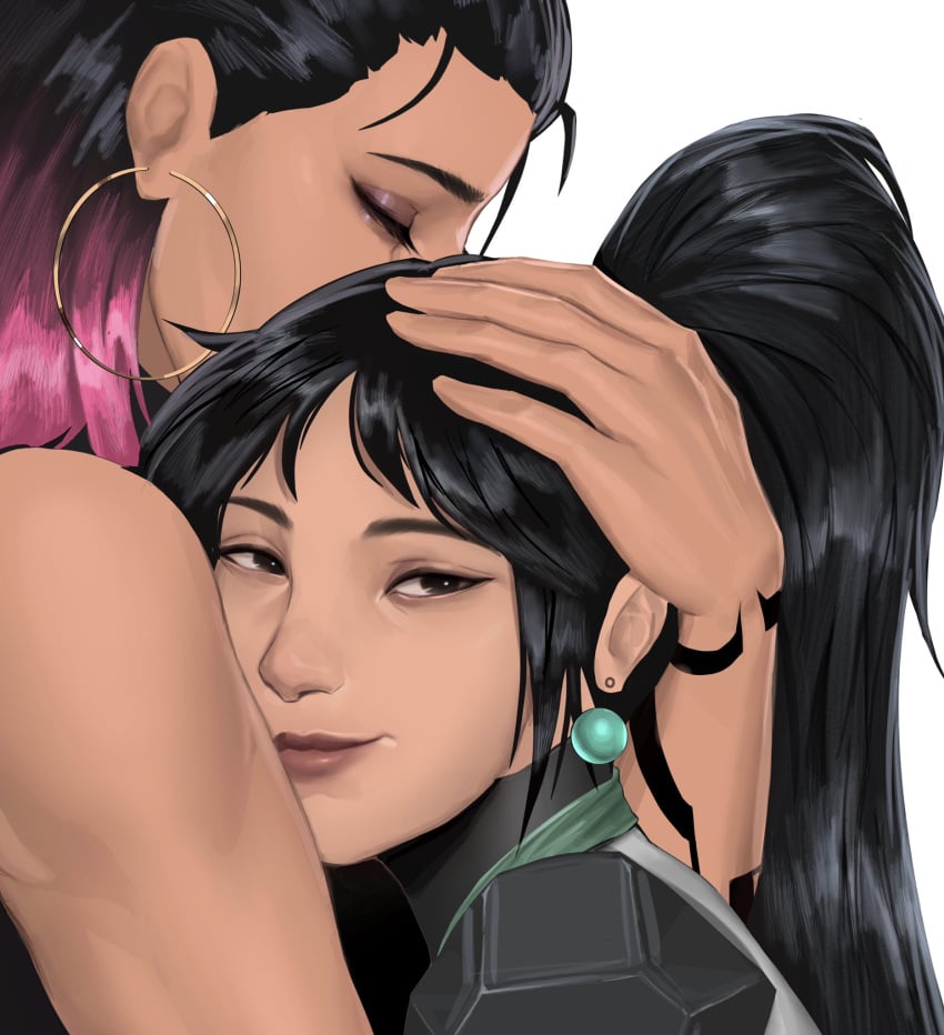 2girls closed_eyes comforting female female_only hand_on_head hug hugging ling_ying_wei reyna_(valorant) riot_games sage_(valorant) smelling_hair smirk sometimes_like_this_also_like_that uniform valorant wholesome yuri z4cussy