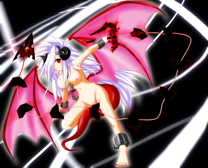 beige_skin breasts chain color dragon_quest dragon_quest_v female female_only hair hair_over_one_eye hero holding_sword horns long_hair medium_breasts nakaba_murasaki navel nipples nude open_eyes overhand_grip pussy red_eyes red_skin rule_63 solo sword tail vulva weapon white_hair wings