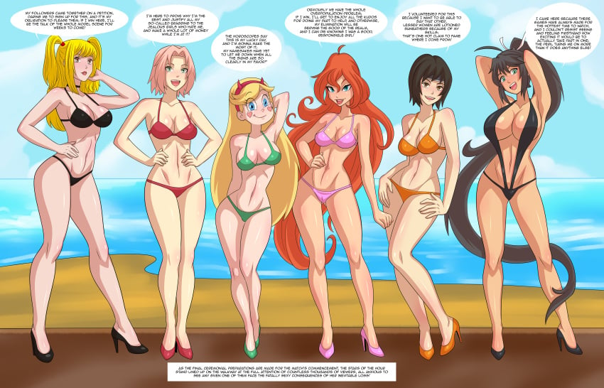 6+girls 6girls adult_swim arabatos armpits arms_up beach bikini black_hair black_hair_female black_highheels blonde_hair blonde_hair_female bloom_(winx_club) blue_eyes blue_eyes_female blush_stickers breasts brown_eyes cleavage clothed comic_page crossover death_note dialogue english_text female female_only final_fantasy final_fantasy_vii green_bikini green_bikini_bottom green_bikini_top green_eyes green_eyes_female green_high_heel_boots hands_on_hips headband homura_(senran_kagura) horns light_pink_hair lineup long_blonde_hair long_hair long_hair_female long_red_hair misa_amane multiple_girls naruto naruto_shippuden orange_bikini orange_bikini_bottom orange_bikini_top orange_high_heels pink_bikini_bottom pink_bikini_top pink_hair pink_hair_female pink_high_heel_boots posing red_bikini red_bikini_bottom red_bikini_top red_hair sakura_haruno senran_kagura short_black_hair short_hair short_hair_female short_pink_hair star_butterfly star_vs_the_forces_of_evil swimsuit text toonami twintails winx_club yuffie_kisaragi