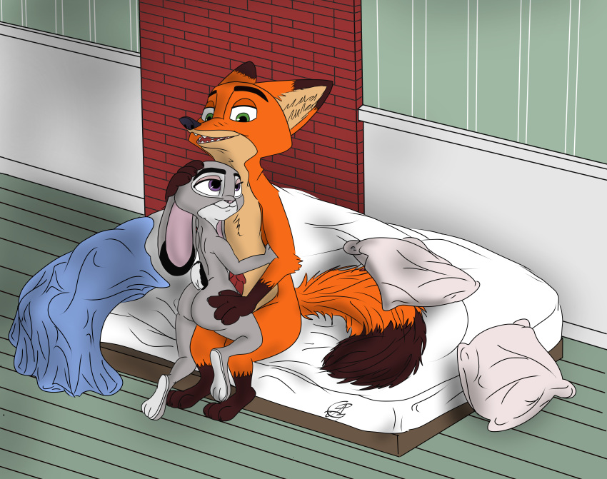 1boy 1girls 4k absurd_res aliasing anthro bed big_eyes brick_wall canine color disney female fox furry hi_res interspecies jaggy_lines judy_hopps lagomorph mammal mattress mattress_on_floor morning nick_wilde nude orange_fur penis pillow purple_eyes rabbit signature smile solid_color wooden_floor zootopia