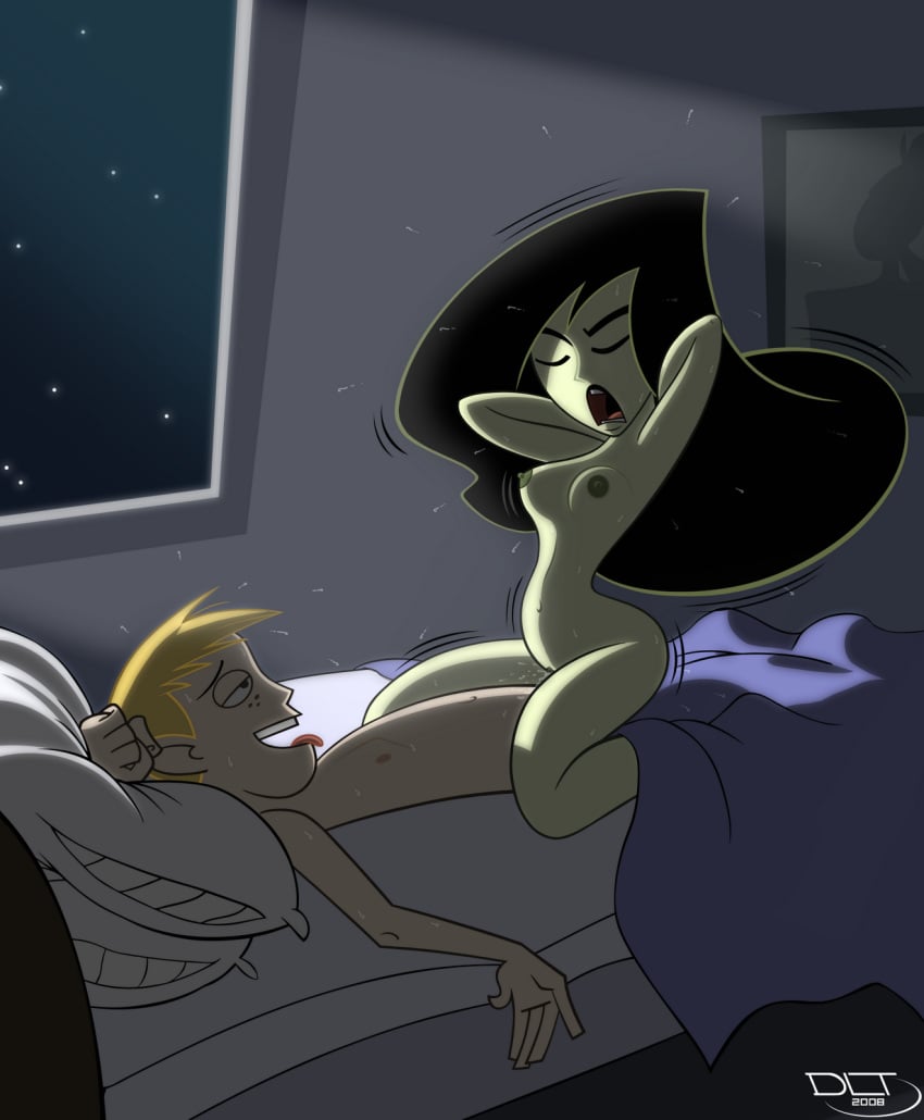 arms_up closed_eyes cowgirl_position disney dlt female human kim_possible male nipples ron_stoppable sex shego straight straight_hair tagme