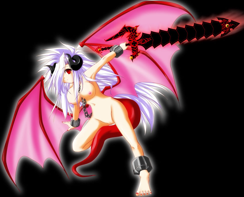 beige_skin breasts chain color dragon_quest dragon_quest_v female female_only hair hair_over_one_eye hero holding_sword horns long_hair medium_breasts nakaba_murasaki navel nipples nude open_eyes overhand_grip pussy red_eyes red_skin rule_63 solo sword tail vulva weapon white_hair wings