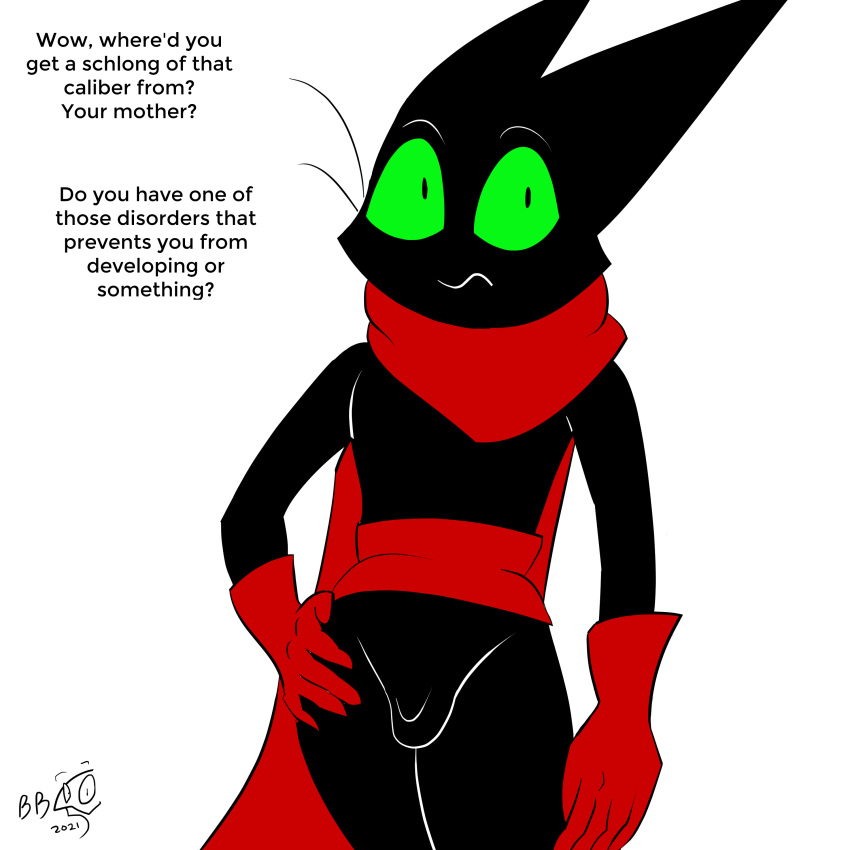 2021 5_fingers anthro balls belt big_ears big_eyes black_arms black_balls black_belly black_chest black_ears black_face black_fur black_legs black_penis black_whiskers bottomless bottomless_anthro bottomless_male bullying cape cat closed_frown dialogue digital_drawing_(artwork) digital_media_(artwork) english_text eyebrows_raised feline flat_colors front_view furry green_eyes hand_on_hip humanoid_hands humiliation insult logo looking_at_viewer male male_anthro mao_mao:_heroes_of_pure_heart penis pose presenting presenting_balls presenting_penis red_belt red_cape red_clothing red_gloves rude sheriff_mao_mao_mao short_anthro short_male signature simple_background slim_anthro slim_male small_balls small_penis small_penis_humiliation solo standing surprised thebigblackcod three-quarter_view toony whiskers white_background white_eyebrows