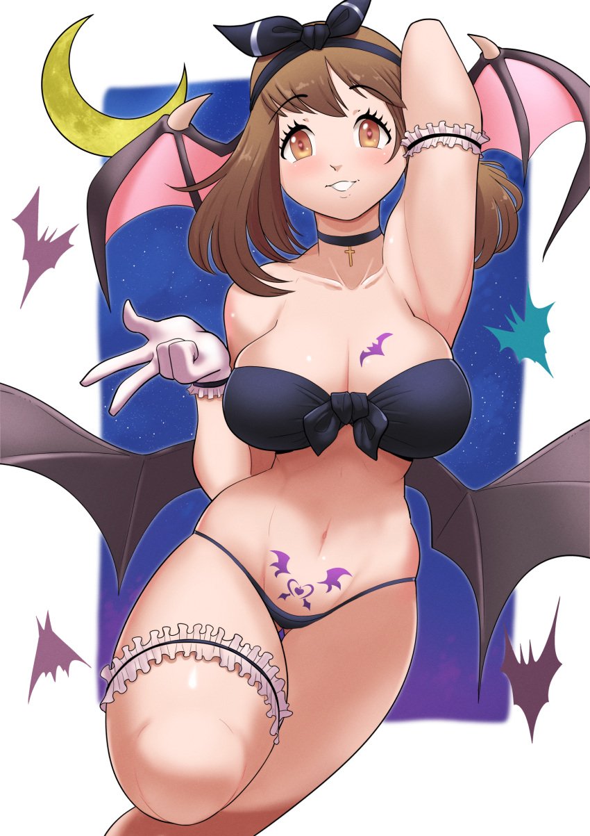 1girls alternate_breast_size armpits big_breasts breasts brown_hair eye_contact female gez1313 gloves halloween large_breasts looking_at_viewer may_(pokemon) nintendo peace_sign pokemon pokemon_rse solo solo_female standing thong v wings