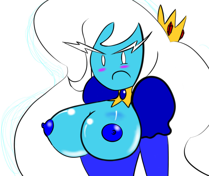 adventure_time angry atomickingboo blue_skin blush bust erect_nipples exposed_breasts female frown ice_queen ice_queen_(adventure_time) large_breasts long_hair slightly_angry solo white_eyes white_hair