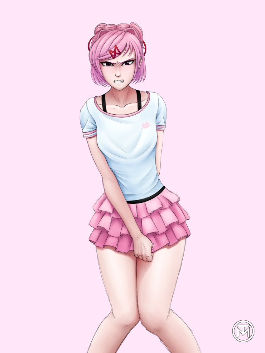 1girls absurd_res absurdres angry artist_name ass ass_up big_ass black_bra black_straps blush blushing_at_viewer cleavage constrained curvaceous curvy doki_doki_literature_club eyebrows_visible_through_hair eyelashes female female_focus female_only girl hair hair_between_eyes hi_res human human_only inscription large_ass lips looking_at_viewer looking_confused medium_ass medium_breasts medium_hair natsuki_(doki_doki_literature_club) no_panties only_female open_eyes otm_g pink_background pink_eyes pink_hair pink_nipples pink_skirt posing red_tape short_hair signature simple_background small_breasts solo solo_female solo_focus standing standing_position straight straps stretching tape teeth teeth_showing uncut voluptuous white_blouse white_body white_skin white_t-shirt young