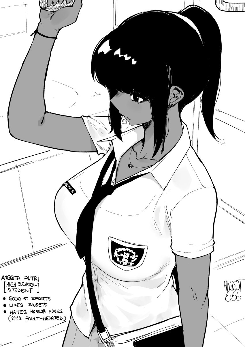 1girls anggita_putri_(norman_maggot) bangs big_breasts blouse breasts clothed dark-skinned_female dark_skin earrings eyelashes eyeliner female female_only high_contrast huge_breasts indonesian_school_uniform large_breasts long_hair loose_necktie makeup monochrome necktie norman_maggot original ponytail school_uniform shirt sidelocks skirt train_interior