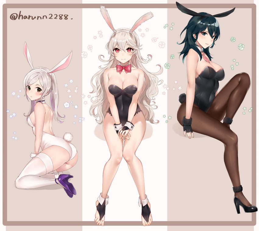 absurdres alternate_costume animal_ears ass backless_leotard bare_legs bare_shoulders black_eyes black_footwear black_gloves black_hair black_hairband black_leotard blush border bow bowtie breasts bridal_gauntlets bridal_legwear brown_border brown_eyes brown_legwear bunny_ears bunny_girl bunnysuit byleth_(fire_emblem) byleth_(fire_emblem)_(female) character cleavage closed_mouth collarbone commission corrin_(fire_emblem) corrin_(fire_emblem)_(female) covered_navel detached_collar fake_animal_ears fake_tail female_protagonist fire_emblem fire_emblem:_three_houses fire_emblem_awakening fire_emblem_fates flower fur-trimmed_gloves fur_trim gloves hairband haru_(nakajou-28) high_heels highres invisible_chair kneeling leotard long_hair looking_at_viewer looking_back medium_breasts necktie nintendo original_character own_hands_together pantyhose parted_lips pink_necktie playboy_bunny purple_footwear rabbit_ears rabbit_tail red_bow red_bowtie red_eyes robin_(fire_emblem) robin_(fire_emblem)_(female) sideboob silver_hair sitting smile tail teal_hair teenager thighhighs twintails twitter_username two-tone_background white_flower white_hairband white_legwear white_leotard