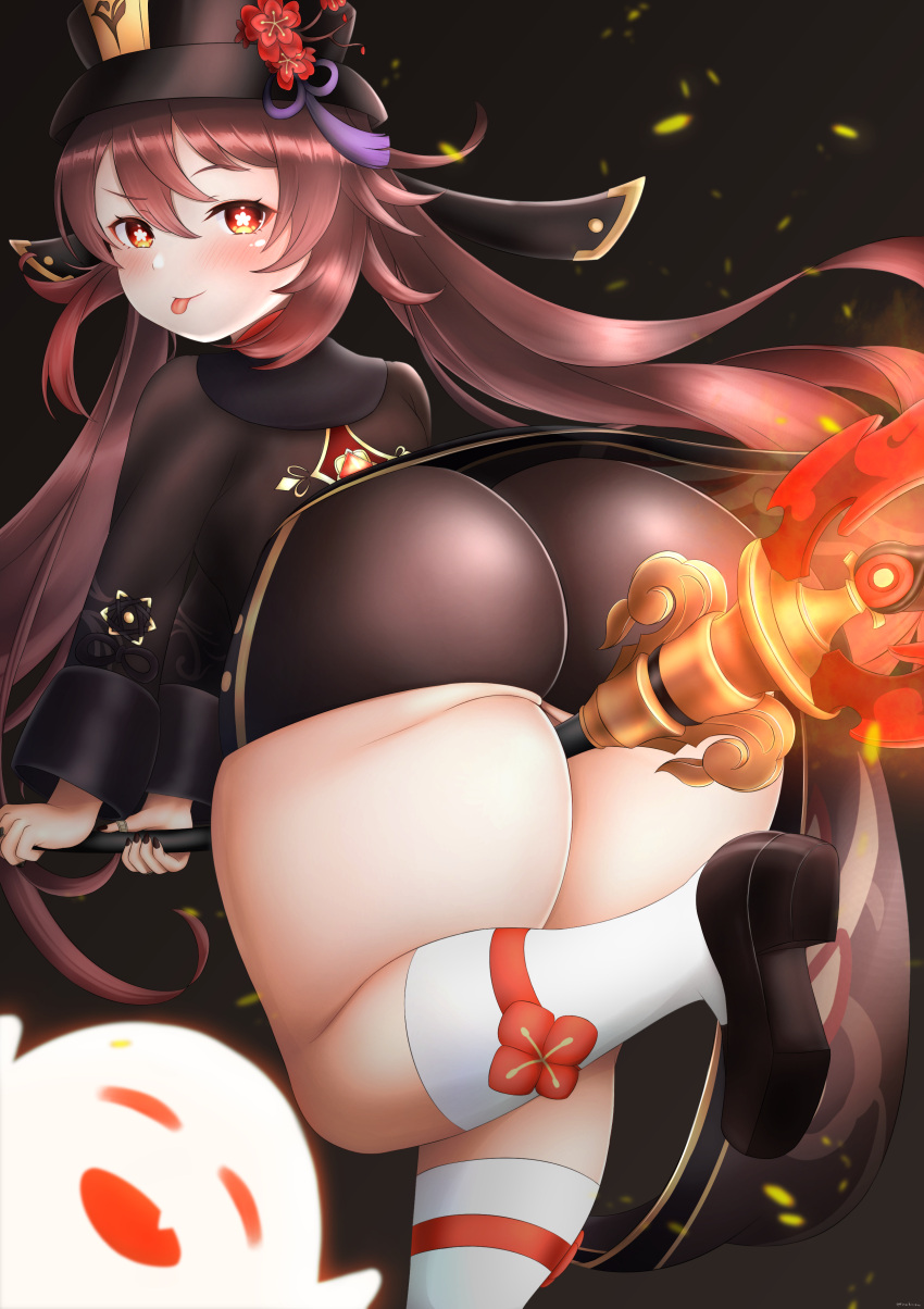 1girls ass between_thighs big_ass blush brown_hair clothing fat_thighs female from_behind genshin_impact ghost hat hu_tao_(genshin_impact) looking_at_viewer mhaknow plump polearm red_eyes short_shorts shorts thick_thighs tongue twintails weapon