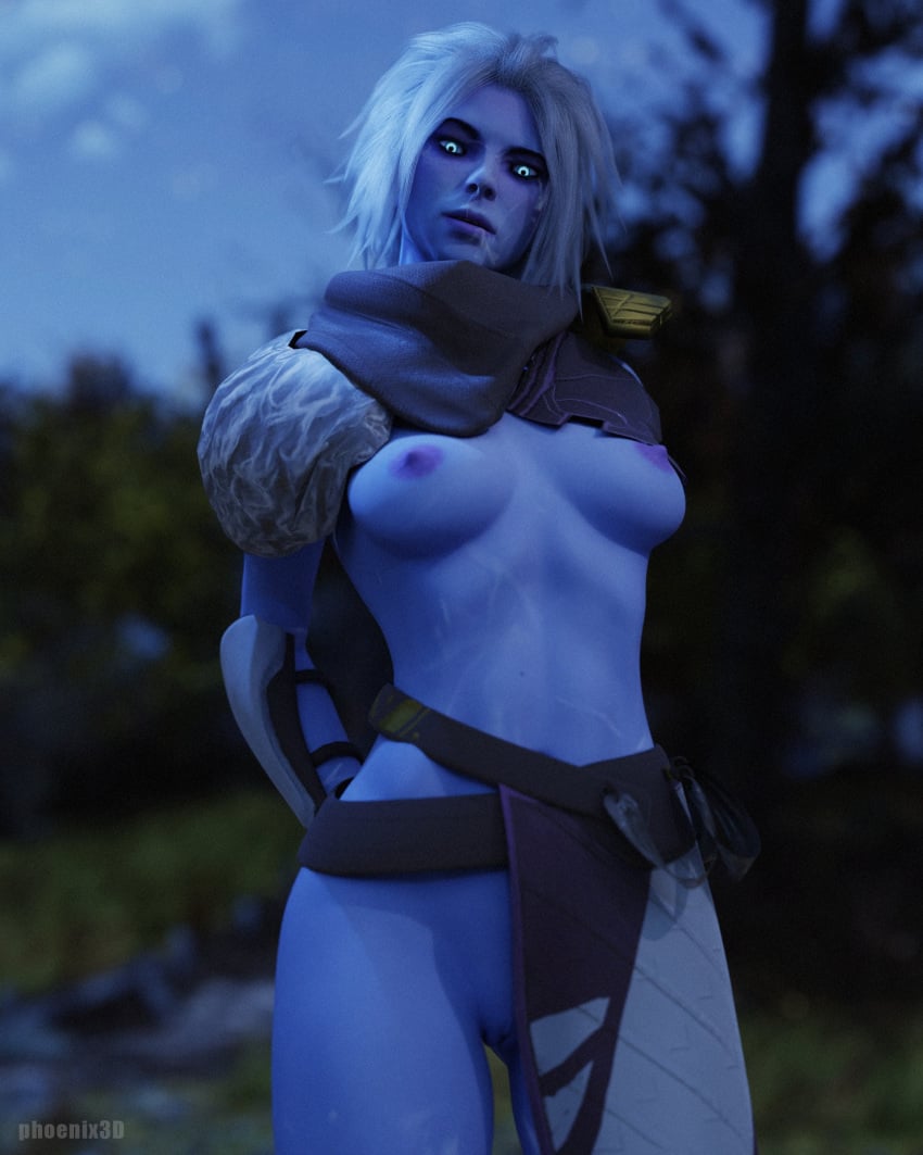 1girls 3d activision blender blue_skin breasts breasts_out bungie destiny_(game) destiny_2 female_only looking_at_viewer mara_sov partially_clothed phoenix3d solo standing white_hair