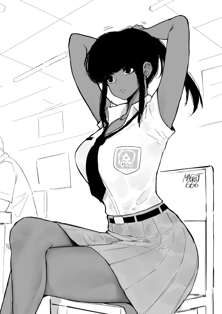 1girls adjusting_hair anggita_putri_(norman_maggot) armpits arms_up bangs big_breasts blouse breasts clothed crossed_legs dark-skinned_female dark_skin earrings eyelashes eyeliner female female_only high_contrast huge_breasts indonesian_school_uniform large_breasts legs long_hair loose_necktie makeup monochrome necktie norman_maggot original ponytail school_uniform shirt sidelocks skirt sweat sweating thick_thighs thighs wet_clothes wet_shirt wet_skirt