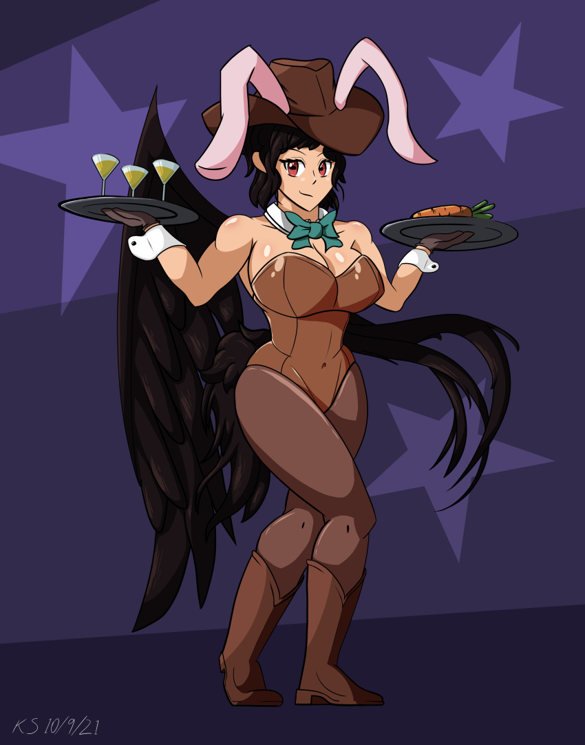 1girls 2021 black_hair black_wings boots bowtie bunny_ears bunnysuit carrot cowboy_hat crow_wings cuffs dated detached_collar feathered_wings female female_only hat leotard long_hair looking_at_viewer pantyhose plate playboy_bunny red_eyes saki_kurokoma sirhorselegs solo solo_female tail touhou wine_glass wings wrist_cuffs