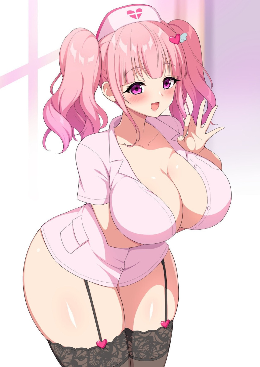 1girls aikome_(haikome) big_breasts big_thighs bimbo blowjob_gesture blush breasts busty character_request cleavage curvy cute haikome hourglass_figure huge_breasts looking_at_viewer nurse nurse_cap nurse_uniform open_mouth pigtails pink_eyes pink_hair solo solo_female thick thick_thighs thighhighs thin_waist voluptuous wide_hips