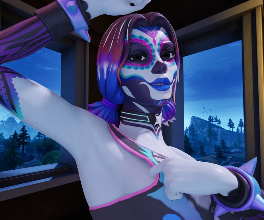 3d armpit_fetish armpit_focus armpits blender choker dyed_hair facepaint female fortnite haziest_mirage luchadora mariposa_(fortnite) multitoned_hair seductive_look tank_top wrestler_costume