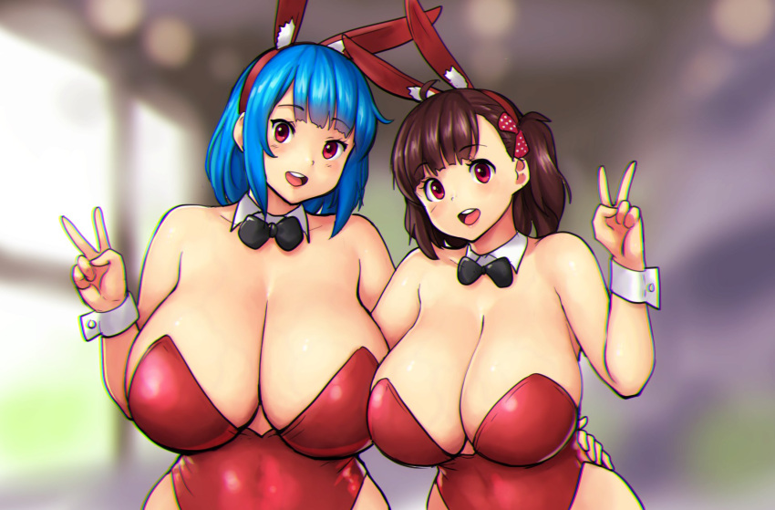 animal_ears ayana_(liberty_manurung) bangs bare_shoulders black_bow black_bowtie blue_hair blunt_bangs blurry blurry_background blush bow bowtie breasts brown_hair bunny_costume bunny_ears bunnysuit bursting_breasts cleavage covered_navel detached_collar duo errorkazoo eye_contact eyebrows_visible_through_hair fake_animal_ears fake_bunny_ears fake_rabbit_ears hair_bow hand_on_another's_hip hand_up hi_res huge_breasts leotard looking_at_viewer medium_hair multiple_girls open_mouth original original_characters playboy_bunny playboy_bunny_costume playboy_bunny_leotard rabbit_ears red_eyes red_leotard rina_atherina_(errorkazoo) smile smiling_at_viewer upper_body v v_sign wrist_cuffs