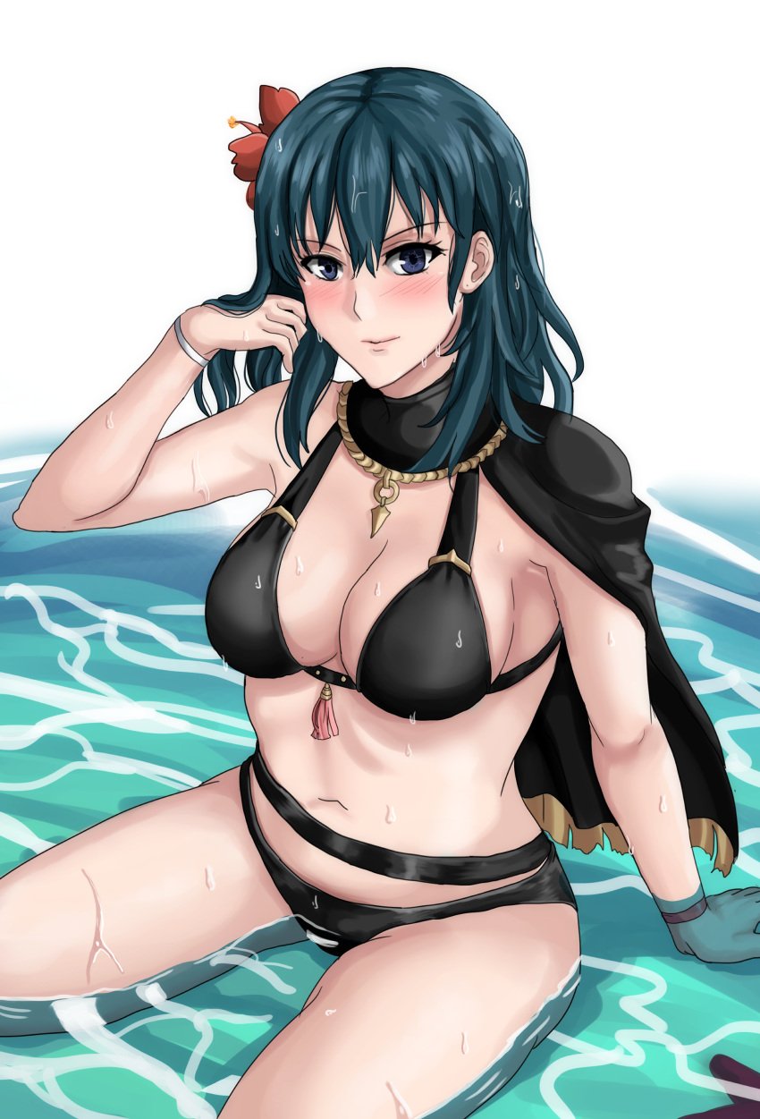 alternate_costume black_bikini black_swimsuit blue_eyes blue_hair breasts byleth_(fire_emblem) byleth_(fire_emblem)_(female) byleth_(summer)_(fire_emblem)_(female) cleavage drie female fire_emblem fire_emblem:_three_houses fire_emblem_heroes flower hair_flower hibiscus large_breasts medium_hair nintendo official_alternate_costume orcaomega red_flower sideboob sitting solo swimsuit teal_hair water