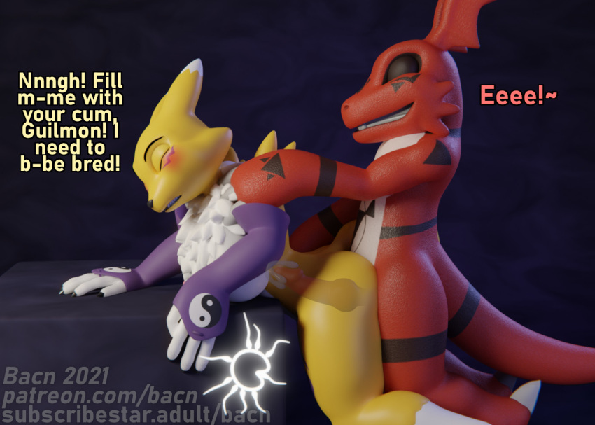 2021 3d_(artwork) anthro bacn bandai_namco big_breasts blush bodily_fluids breasts canid canine claws clothed clothing cum cum_in_pussy cum_in_uterus cum_inside cum_inside_request dialogue digimon digimon_(species) digital_media_(artwork) duo english_text erection female fox from_behind_position fur genital_fluids genitals guilmon impregnation impregnation_request internal knot knotting male male/female male_penetrating mammal markings nude open_mouth ovum partially_clothed penetration penile penis renamon renamon_(bacn) scalie sex simple_background smile sperm_cell text url vaginal_penetration white_body white_fur x-ray yellow_body