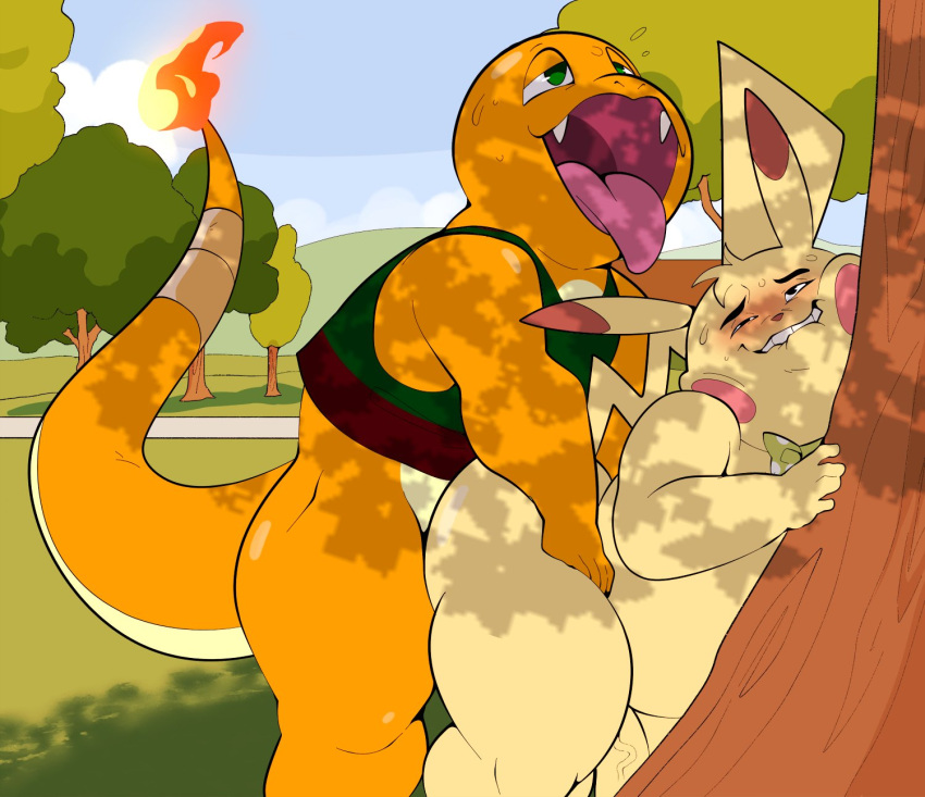 2020 anthro ass bandaged_tail bite biting_lip blush bodily_fluids charmander clothed clothing detailed_background digital_drawing_(artwork) digital_media_(artwork) duo ero_(character) eroborus fan_character fangs fire flaming_tail from_behind_position fur gay genitals hadou half-closed_eyes hi_res male male/male male_penetrated male_penetrating male_penetrating_male narrowed_eyes nintendo open_mouth orange_body orange_skin partially_clothed penetration penile penis pikachu plant pokémon_(species) pokemon sex shadow smile standing standing_sex tongue tongue_out tree video_games yellow_body yellow_fur