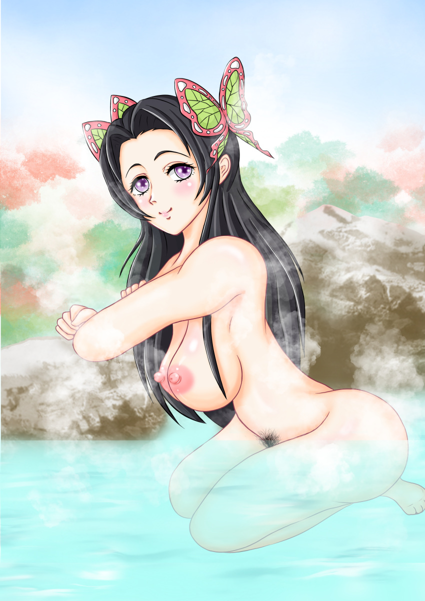 bad_anatomy big_breasts black_hair butterfly_hair_ornament completely_nude demon_slayer enuyuaru female female_only kimetsu_no_yaiba kneeling kochou_kanae long_hair nude onsen pubic_hair purple_eyes smile solo steam water