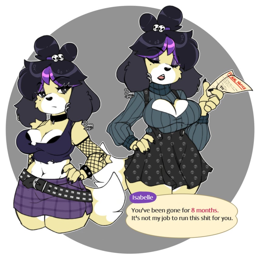 1girls 2021 alternate_costume animal_crossing anthro black_hair black_lipstick canine clothed clothing ear_piercing female fishnet fishnet_armwear fully_clothed goth gothabelle gothified holding_paper isabelle_(animal_crossing) multiple_outfits nintendo purple_highlights samagram93 skirt skull_hair_ornament solo tagme talking_to_viewer text text_bubble