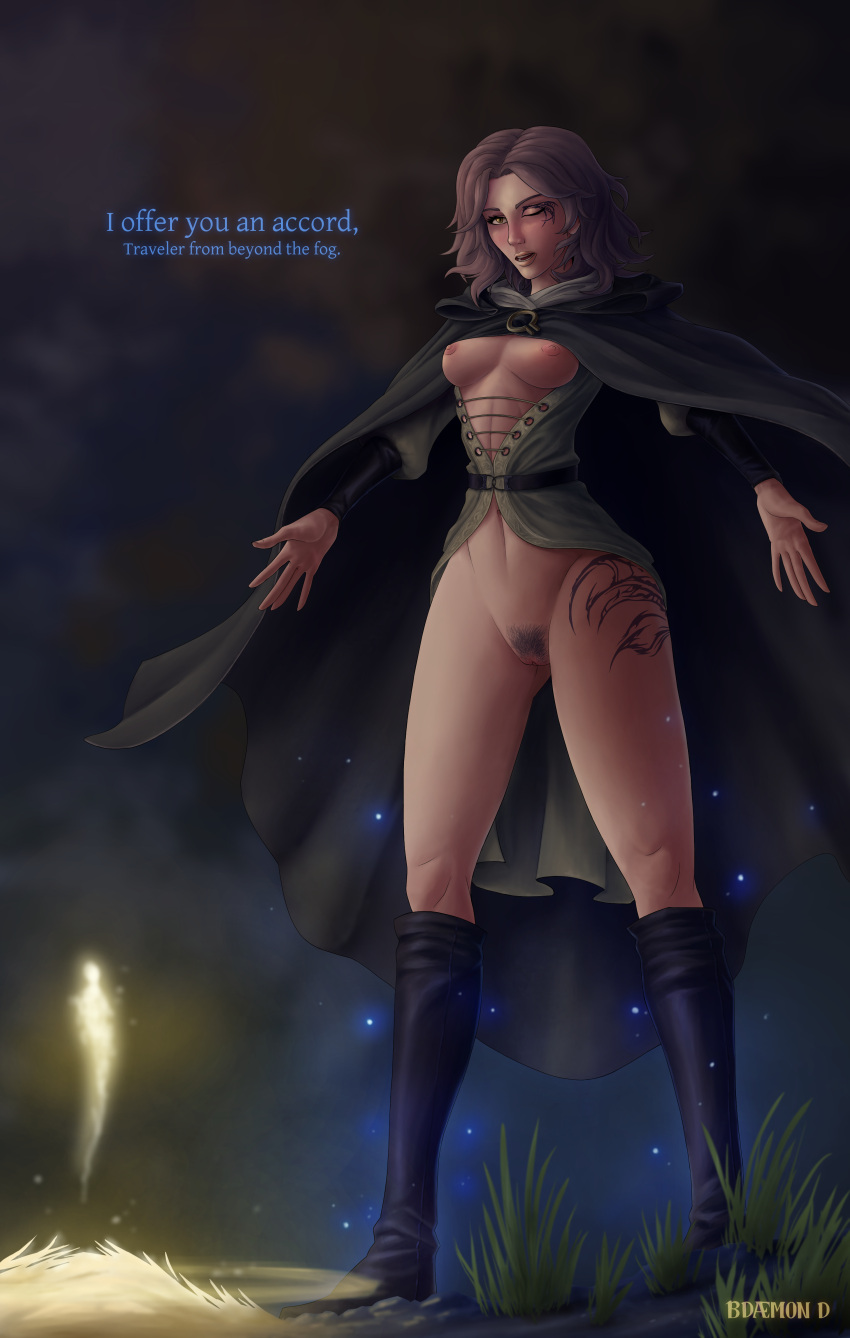 armwear bdaemond blind bonfire casual clothing elden_ring exibitionism female footwear fromsoftware functionally_nude human ineffective_clothing long_legs melina_(elden_ring) offering offering_to_viewer outerwear pale_skin pink_hair pussy runes_into_strength site_of_grace