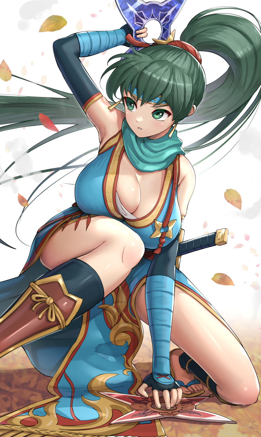 1girls alternate_costume armpits bare_shoulders breasts cleavage detached_sleeves earrings fighting_stance fire_emblem fire_emblem:_the_blazing_blade fire_emblem_heroes gonzarez green_eyes headband high_ponytail highres japanese_clothes jewelry kneeling large_breasts leaf long_hair looking_to_the_side lyn_(fire_emblem) lyn_(ninja)_(fire_emblem) lyndis_(fire_emblem) ninja nintendo official_alternate_costume ponytail sandals shuriken sword very_long_hair weapon