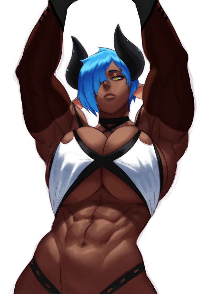 abs blue_hair breasts busty cleavage cow_ears cow_girl cow_horns dark-skinned_female dark_skin female horns large_breasts looking_at_viewer monster_girl muscles muscular muscular_female navel solo sotcho underboob very_high_resolution white_background yellow_eyes