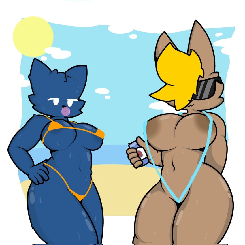 2girls areola_slip areolae beach belly_button big_breasts bikini bikini_bottom bikini_top black_nose blowing_bubblegum blue_bikini blue_body blue_fur breasts brown_body brown_fur bubble_gum cat cat_ears catgirl clouds duo fluff fox fox_ears fox_girl furry hair_over_one_eye hand_on_hip holding_object large_breasts magthender no_humans orange_bikini outdoors outline size_difference skimpy_clothes sling_bikini snout soda sunglasses sunglasses_on_head sunset sweat thick_thighs thighs underboob white_eyes yellow_hair