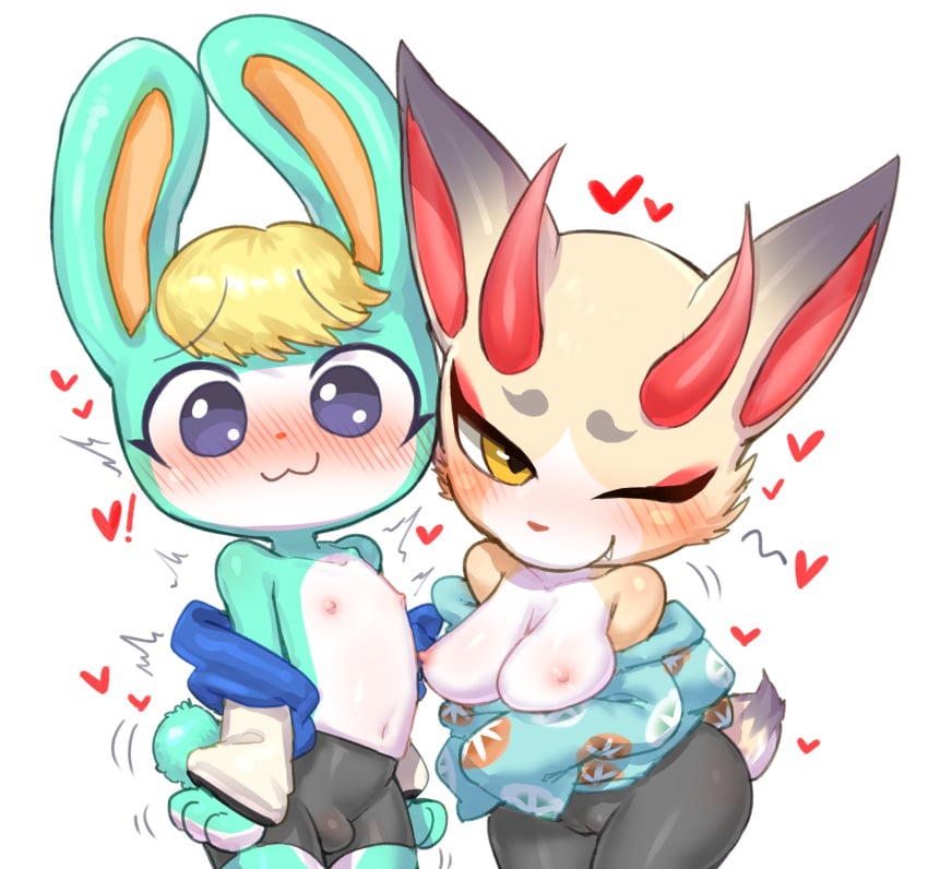 1boy 1girls 2021 :3 animal_crossing anthro areola asian_clothing big_breasts bike_shorts blonde_hair blue_eyes blush bottomwear breasts bulge camel_toe cervid clothed clothing digital_media_(artwork) duo east_asian_clothing female female_anthro femboy fur furry furry_only hair hanuvo heart hi_res jacket japanese_clothing kimono lagomorph leporid looking_at_viewer male male_anthro mammal navel nintendo nipples off_shoulder one_eye_closed pants rabbit sasha_(animal_crossing) scut_tail shaded shino_(animal_crossing) short_tail shorts simple_background smile spats tail tight_clothing topwear video_games white_background wink yellow_eyes