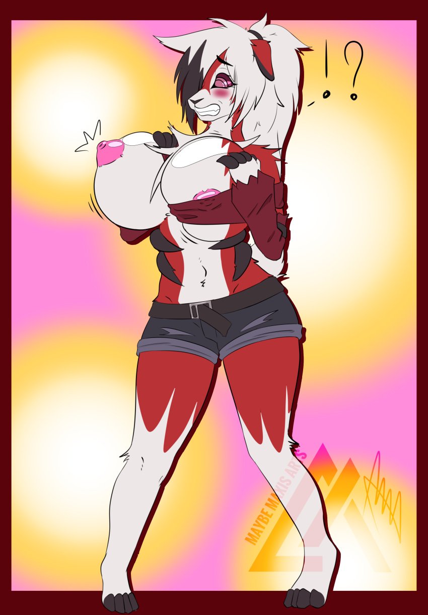 1girls absurd_res anthro big_breasts big_nipples blush breasts clothing expansion female hi_res lycanroc maybemaxisarts nintendo nipples pokémon_(species) pokemon solo suprised_look video_games wardrobe_malfunction