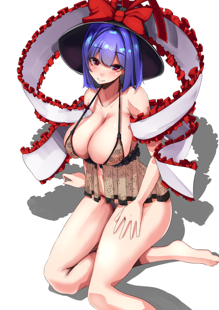 alternate_costume areolae bangs bare_legs barefoot black_headwear bottomless bow breasts cleavage closed_mouth crossed_legs eyebrows_visible_through_hair female female_pubic_hair frilled_shawl frills hand_on_lap hat hat_bow heart heart-shaped_pupils highres huge_breasts iku_nagae lingerie looking_at_viewer navel negligee nipples pubic_hair purple_hair red_bow red_eyes see-through shawl short_hair simple_background smile solo symbol-shaped_pupils textless touhou underwear white_background yukito_(dreamrider)