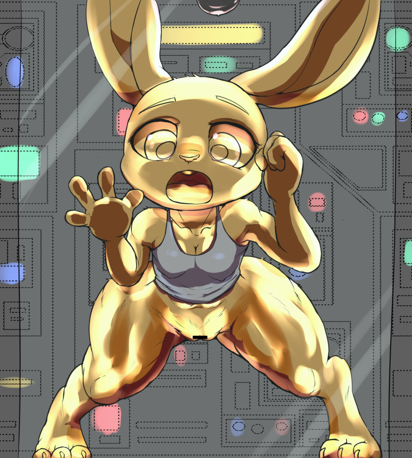 2021 against_surface anthro bottomless breasts censor_bar censored cleavage clothed clothing cottontail disney female genitals gold_(metal) gold_statue hi_res ineffective_censorship judy_hopps lagomorph leporid mammal on_glass petrification pussy rabbit shortstack small_breasts solo thick_thighs transformation wide_hips zootopia