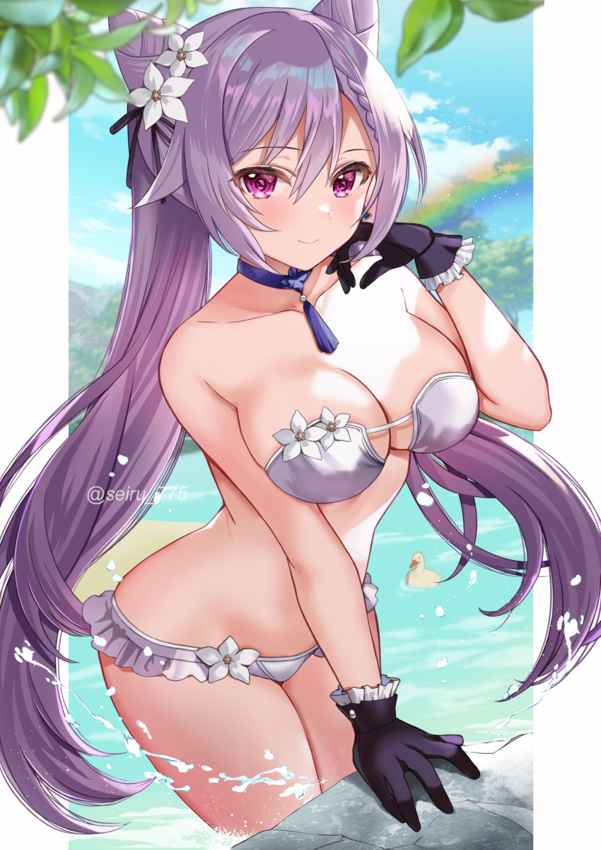 beach big_breasts bikini braid duck flower_in_hair genshin_impact gloves hijiri_ruka keqing_(genshin_impact) long_hair looking_at_viewer necklace purple_eyes purple_hair rainbow seiru_(prairie) seiru_775 standing_in_water tagme water