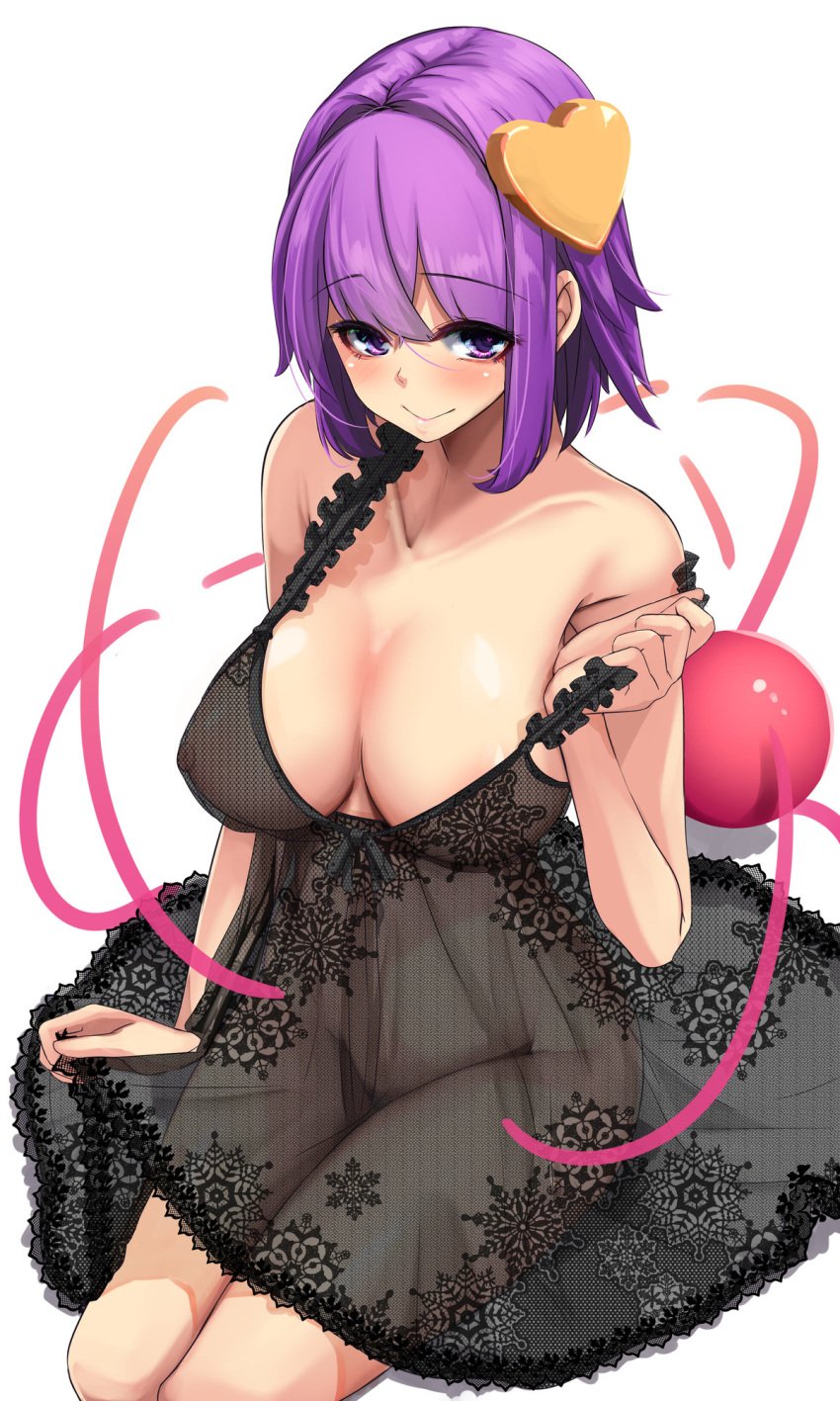 breasts collarbone covered_nipples eyeball female hairband heart heart-shaped_pupils heart_of_string highres holding_strap lace large_breasts negligee nightgown pubic_hair purple_eyes purple_hair satori_komeiji see-through short_hair simple_background smile solo symbol-shaped_pupils third_eye touhou undressing white_background yukito_(dreamrider)