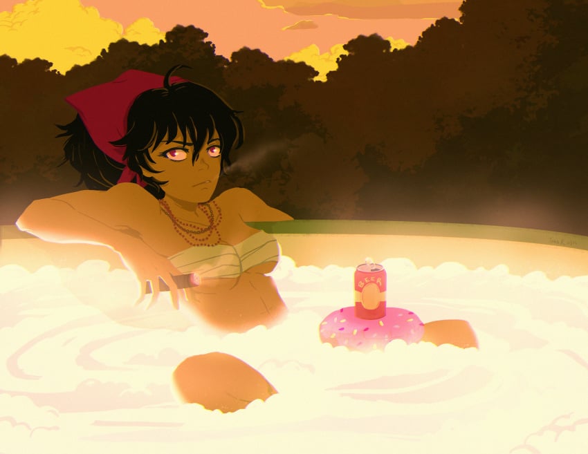 artesst_r bandaged_breasts black_hair chest_wraps cigar female hot_tub milf necklaces raven_branwen red_eyes rwby sunset