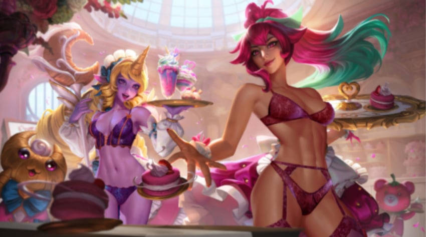 2girls abs athletic big_breasts blonde_hair bra breasts cafe cafe_cutie_sivir cafe_cutie_soraka cafe_cuties_series clothed clothed_female female food horn ice_cream large_breasts league_of_legends maid maid_headdress midriff multiple_girls navel open_mouth panties pointy_ears ponytail pose purple_skin red_hair richtofen sivir soraka staff standing toned toned_female tongue weapon wide_hips