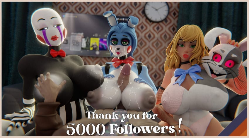 1boy 3d 3d_(artwork) 3girls animatronic athletic_female big_breasts blender_(software) blonde_hair bowtie bunny bunny_ears clock cum cum_on_breasts cum_on_face cum_on_nipples erection female_human fishnet_armwear five_nights_at_freddy's five_nights_at_freddy's:_security_breach five_nights_at_freddy's_2 furry hand_on_breast huge_cock human human_penetrating lipstick looking_at_viewer male_pov marionette_(fnaf) miles_upshur_(outlast) nipples_visible_through_clothing outlast paizuri pov pov_eye_contact puppet_(fnaf) rabbit robot robot_girl straight sunr4y sunr4y_w0rksh0p titjob toy_bonnie_(fnaf) twitter vanessa_(fnaf) vanny_(fnaf)