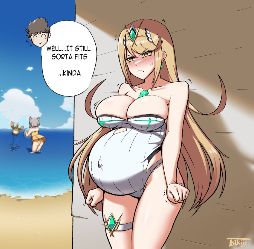 2boys 2girls alternate_breast_size bent_wrist big_breasts blonde_hair blush breasts canon_couple canon_pregnancy crying female female_only huge_belly large_breasts long_hair mythra nia nia_(xenoblade) nintendo offscreen_character one-piece_swimsuit pregnant ready_to_pop rex_(xenoblade) solo_focus swimsuit tears thigh_strap tora_(xenoblade) tsukiji xenoblade_(series) xenoblade_chronicles_2