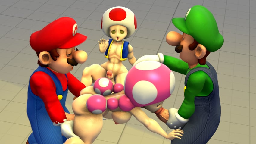 1girls 3boys 3d areolae ass auta big_ass big_breasts big_butt black_sclera blowjob breasts closed_eyes clothing covering_eyes cuck cucked_by_human cuckold despair double_penetration female left_out luigi lust mario mario_(series) muscular_male mushroom netorare nintendo ntr nude pussy_penetration square_floors thick_thighs threesome toad_(mario) toadette upset watching watching_sex