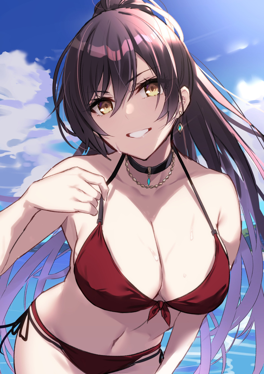 aosaki_1100 big_breasts breasts clothed collar earrings female idolmaster idolmaster_shiny_colors looking_at_viewer necklace shirase_sakuya smile sweat swimsuit tagme yellow_eyes