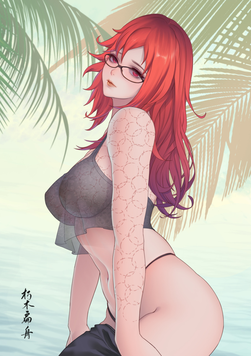 absurdres arched_back arm_support beach bite_mark breasts closed_mouth clothes_pull cowboy_shot crop_top expressionless eyebrows_visible_through_hair female from_side glasses head_tilt highres long_hair looking_at_viewer medium_breasts naruto naruto_(series) naruto_shippuden navel no_bra no_shirt palm_tree pants pants_pull red_eyes red_hair see-through see-through_clothing shirt solo thighs thong tree undressing uzumaki_karin visible_nipples water xiumu_bianzhou