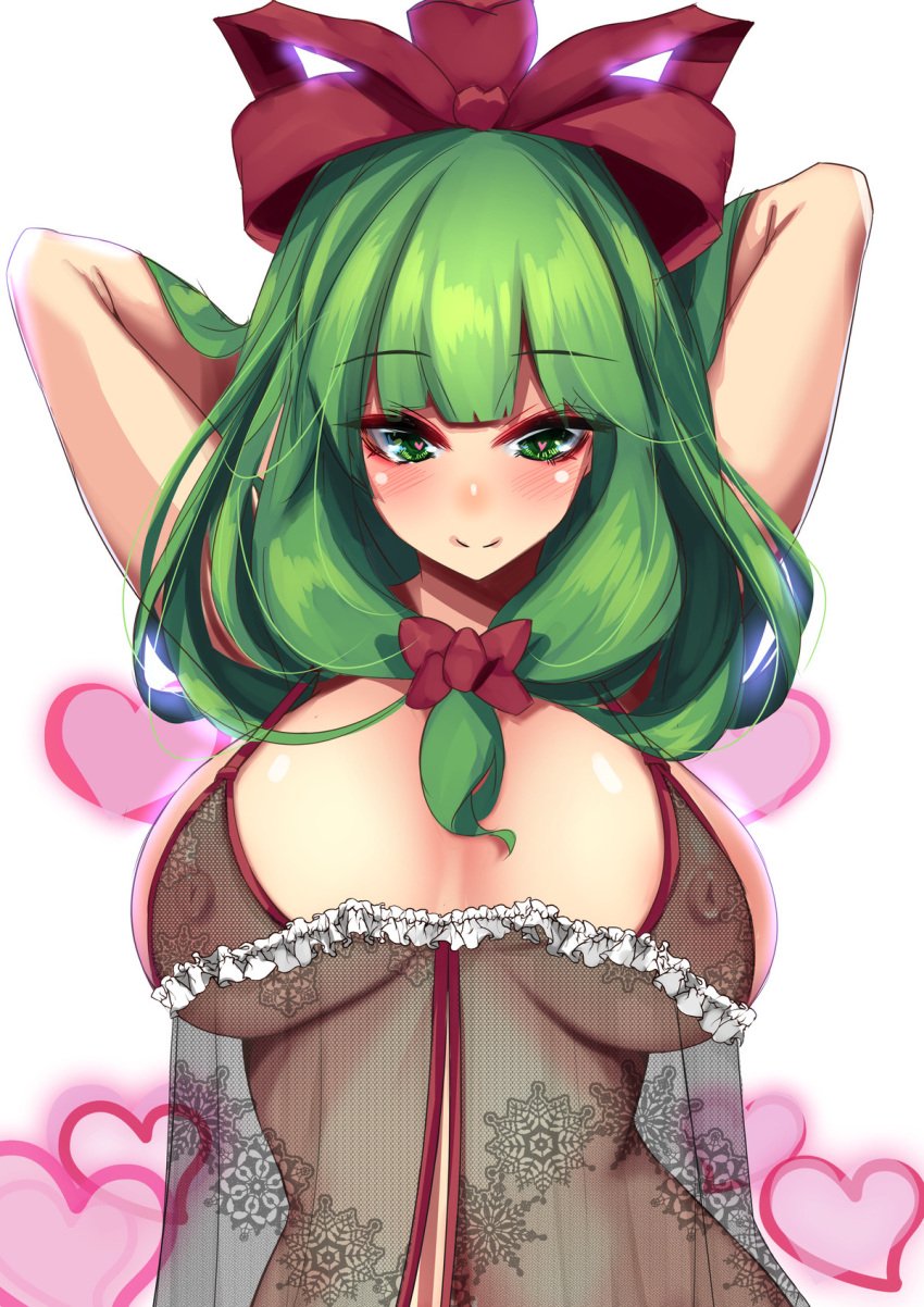 areolae arms_behind_head arms_up bangs blunt_bangs bow breasts closed_mouth eyebrows_visible_through_hair female front_ponytail green_eyes green_hair hair_ribbon hairbow heart heart-shaped_pupils highres kagiyama_hina large_breasts lingerie looking_at_viewer medium_hair negligee nipples red_bow red_ribbon ribbon see-through simple_background smile snowflake_print solo symbol-shaped_pupils textless touhou underwear upper_body white_background yukito_(dreamrider)